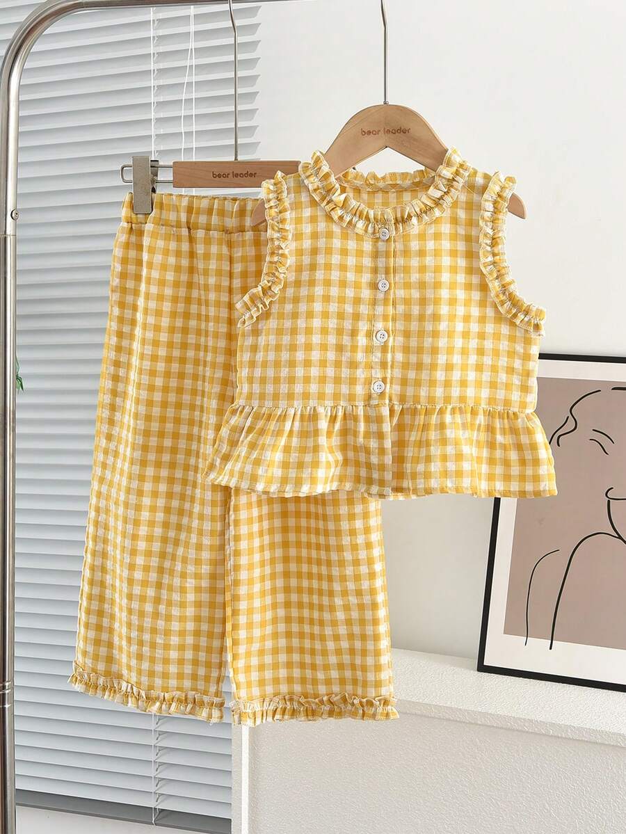 2pcs/Set Young Girl's Fashionable Floral Trim Plaid Vest And Pants Set, Summer - Yellow - View 1