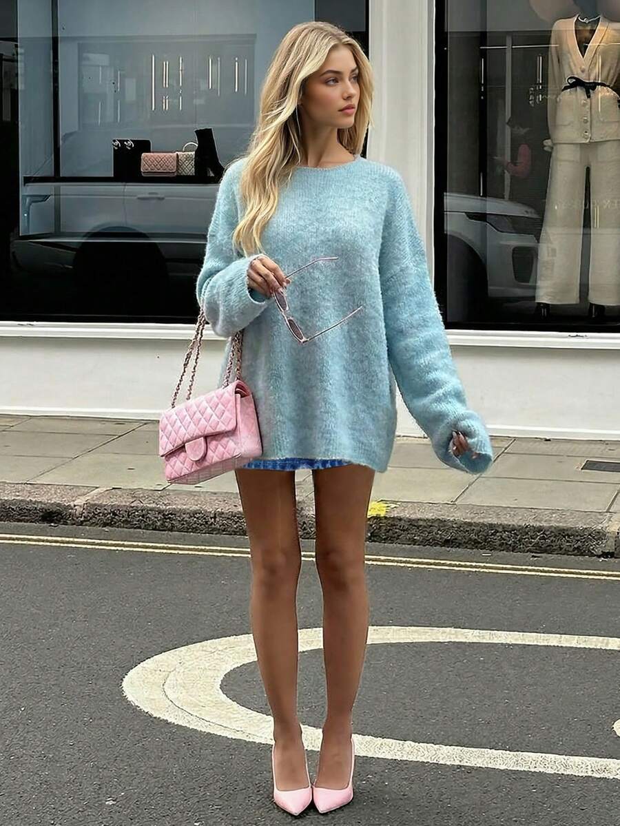 Women's Simple Solid Color Knit Pullover Sweater, European And American Style, Suitable For Daily Wear In Winter - Baby Blue - View 1