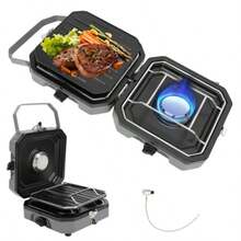 ZAQEstufa de Campamento Plegable de 2 Quemadores con Plancha y Sartén Estufa de Gas de Campamento Portátil con Mango de Transporte 2 Quemador Ajustable de Encendido por Piezo - como en la foto - Ver 2