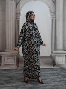 عباءة نسائية طويلة مطبوعة بالزهور مع كابوشون وسحاب، عباءة صلاة عربية مصنوعة من قماش منسوج، فضفاضة ومريحة وقابلة للتنفس، مناسبة لجميع المواسم والعطلات - متعدد الألوان - مشاهدة 5