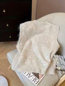 大码女式针织背心，带蝴蝶结装饰，无袖针织套头毛衣，宽松叠穿冬季毛衣 - 卡其色 - 查看 5