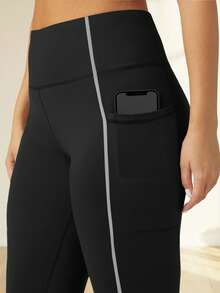 大码女式高腰收腹瑜伽裤，紧身打底裤，侧边口袋，撞色拼接设计，适合跑步、训练、休闲穿着，黑色，春季款 - 黑色 - 查看 6