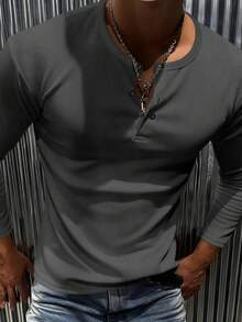 新款男士休闲经典罗纹亨利领轻薄百搭长袖T恤 - 灰色 - 查看 3