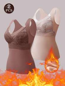 2pcs Lace, Deep Velvet, Warm Underwear For Women, Velvet-Lined And Thickened. Comes With Built-In Padding, No Need For A Bra, Double-Sided Velvet, Autumn And Winter Styl, Soft And Comfortable Sleeveless V-Neck Tops.Daily Wear, Thermal Set Women - Multicolor - View 2