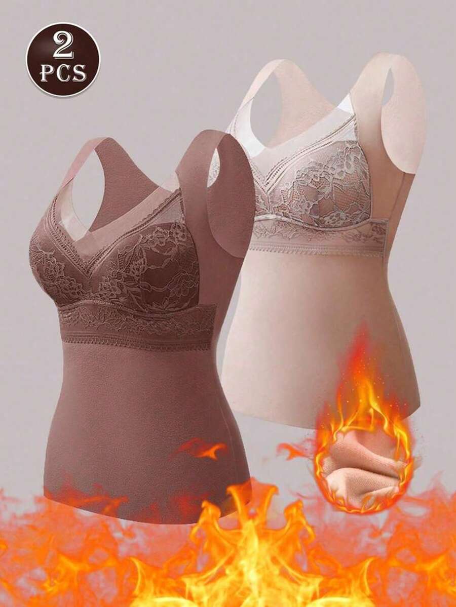 2pcs Lace, Deep Velvet, Warm Underwear For Women, Velvet-Lined And Thickened. Comes With Built-In Padding, No Need For A Bra, Double-Sided Velvet, Autumn And Winter Styl, Soft And Comfortable Sleeveless V-Neck Tops.Daily Wear, Thermal Set Women