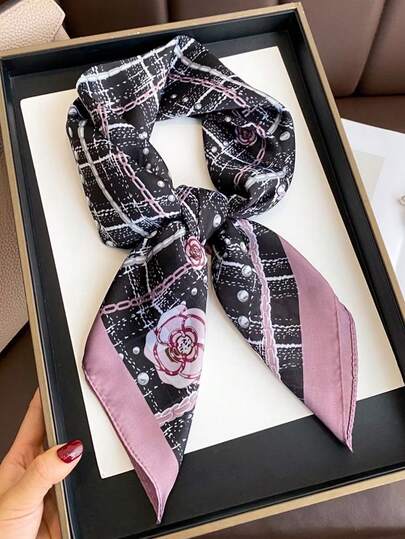 1pc Elegant Floral Print 27.6 Inch Square Scarf, Women's Bandana, Versatile Neck Tie, Fashion Headband, Hair Accessory, Lightweight Shawl