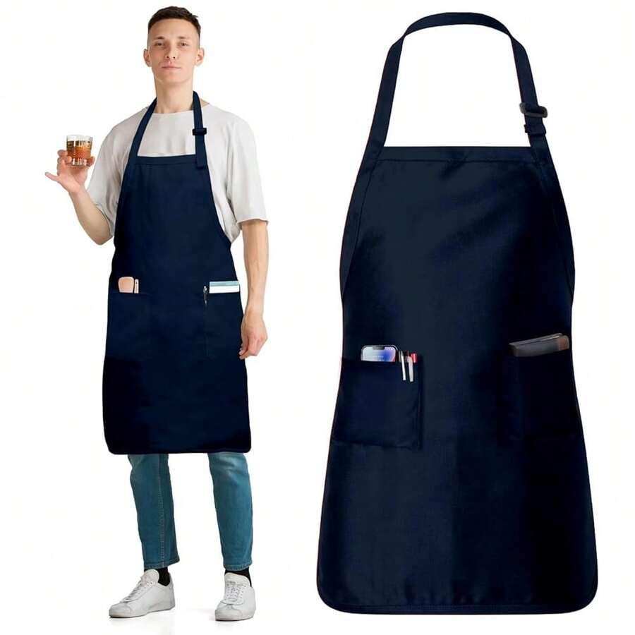 Adjustable Cotton Chef Aprons With 2 Pockets And Complimentary Bandana, Kitchen Apron For Women And Men,1Pack-Navy - 1Pack-navy - View 1