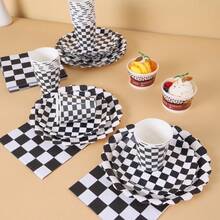 1 Set Black & White Checkered Petal Shaped Disposable Plates, Napkins, Cups, Tablecloth And Banners, Party Supplies Set For 16 Guests, Suitable For Birthday, Wedding, Theme Party, Family Picnic - Multicolor - View 4