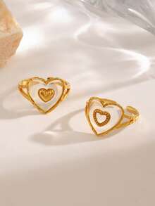 1 pièce Bague minimaliste en acier inoxydable plaqué or 18 carats à double couche en forme de cœur, convient pour le port quotidien des femmes, les rendez-vous, cadeau de la Saint-Valentin - Multicolore - Voir 2