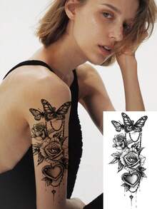 5 قطع ملصقات وشم مؤقتة سوداء على شكل فراشة وزهرة، مناسبة للذراعين والساقين، مقاومة للماء والعرق، سهلة الاستخدام والإزالة، مثالية للنساء، ضرورية للحفلات والتجمعات وعيد الحب، بأسلوب الرسم - الأسود - مشاهدة 5