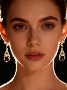 1 Pair Women's Teardrop Pendant Earrings, Gold-Tone Cubic Zirconia Double Teardrop Pendant Earrings, Lightweight & Elegant Leverback Earrings, Jewelry For Wedding & Party - Multicolor - View 4