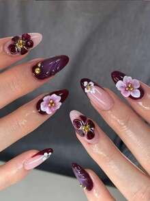 24片杏仁形3D凝胶美甲贴纸，花卉美甲设计，法式贴片，珍珠装饰，完美贴合亚克力美甲套装，包含：1片果冻凝胶和1个指甲锉，Bloominggelnails法式美甲，适合女性日常工作、节日、派对等场合。 - 紫色 - 查看 1