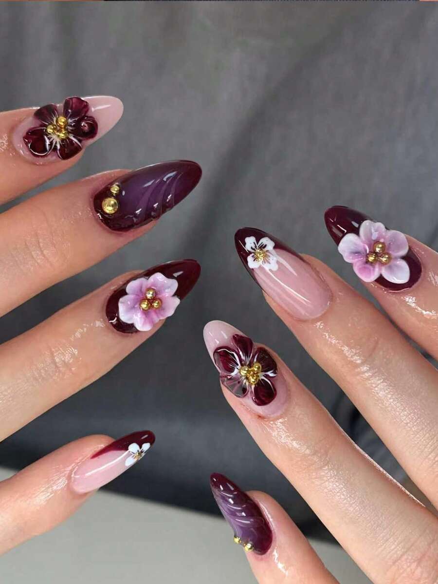 24片杏仁形3D凝胶美甲贴纸，花卉美甲设计，法式贴片，珍珠装饰，完美贴合亚克力美甲套装，包含：1片果冻凝胶和1个指甲锉，Bloominggelnails法式美甲，适合女性日常工作、节日、派对等场合。 - 紫色 - 查看 1