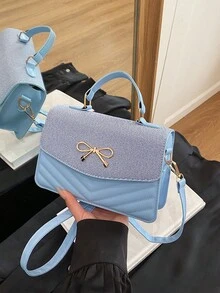 新款时尚斜纹格纹单肩包，韩版简约时尚斜挎包，百搭小方包 - 藍色 - 查看 9