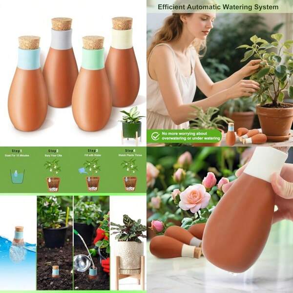New 4 Pack Terracotta Pot Plant Watering Globes Self Watering Pots Slow Release Olla Watering Pots While Away - Self Watering Spikes For Indoor And Outdoor Plants With Easy Top Refill System