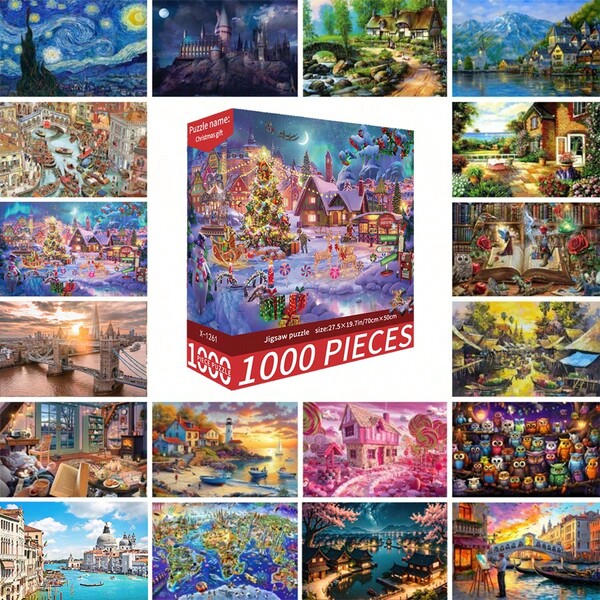 1000pcs Jigsaw Puzzle Toy, Size 70cm*50cm, Oil Painting Landscape & Cartoon Pattern, Adult Stress Relief, Decorative Art, Suitable For Halloween, Christmas, Birthday Gifts