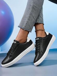 Women's Casual Sneakers, Black White Leather Low-Top Shoes With Ankle Chain, Comfortable Walking Shoes For Daily Wear, Fashion Gift For Her - Black and White - View 6