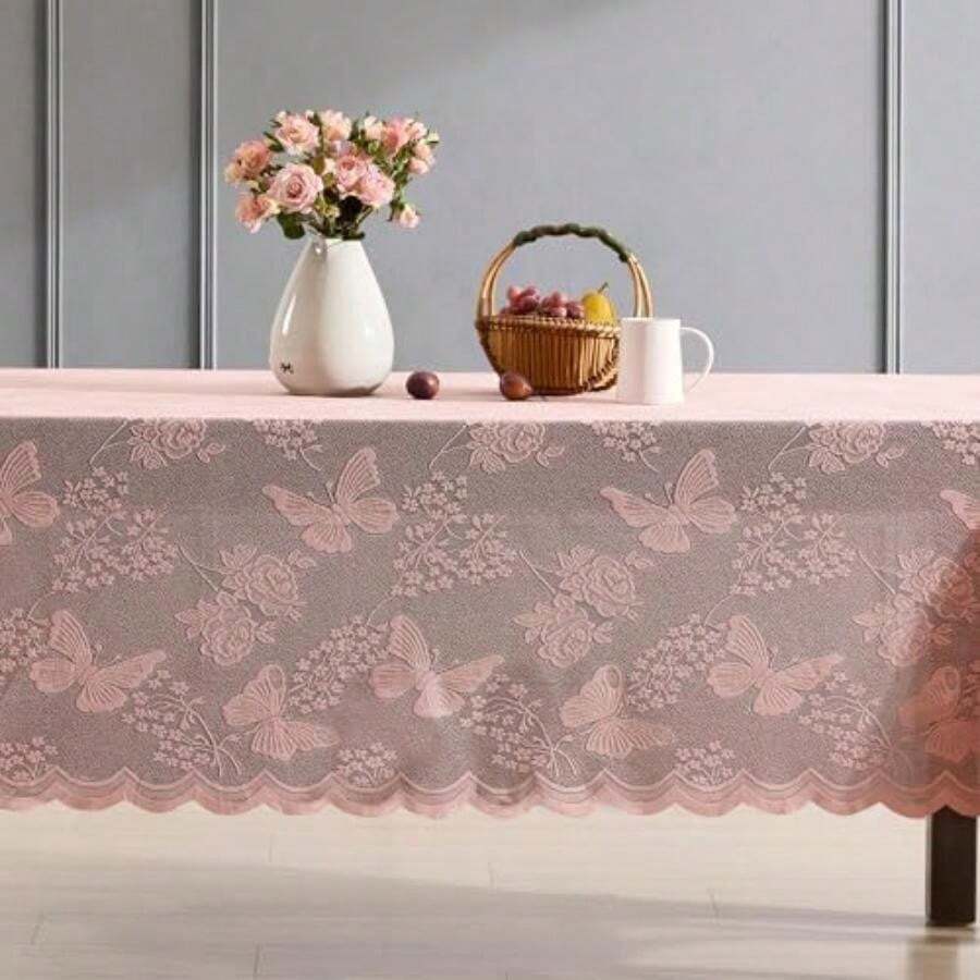 - Mantel de Tela de Encaje Floral con Mariposa, Mantel de Tela de Encaje para mesas ovaladas, Mantel Resistente a Las Arrugas, Mantel Festoneado Estampado (60 x 84 Pulgadas, Lino Gris Pardo)(182.9 x 137.2 cm (Rectangular) rosado (Blush Pink)) - Multicolor - Ver 1