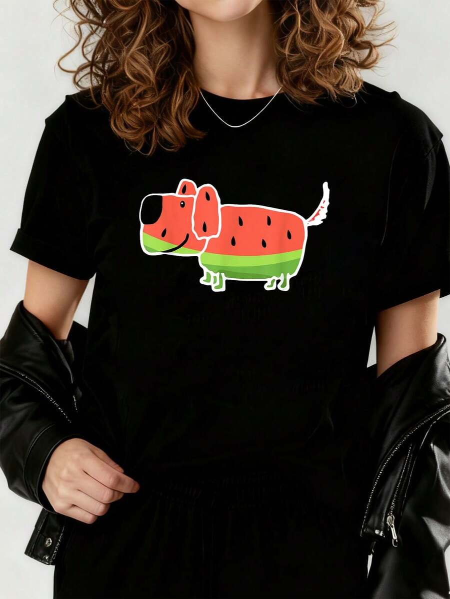 Camiseta gráfica de verano con estampado de sandía para amantes de los perros, nueva camiseta impresa para mujeres 2026, camisetas de primavera para mujeres, camisetas de invierno, camisetas de para mujeresás vendidas - Negro - Ver 1