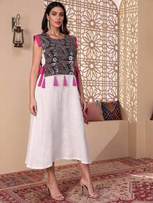 Rochie elegantă Jalabia, fără mâneci, cu broderie și mărgele, cu șnur și ciucure, atmosferă de Ramadan, stil nou 2026