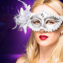 Masquerade Mask For Women, Black Venetian Masks Flower Lace Elegant Mardi Gras, Party Costume Accessories - Bạc - Xem 5
