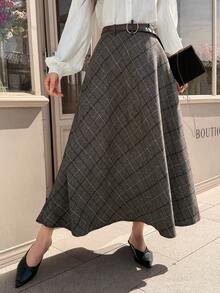 EARO 时尚女士长款格子 A 字裙，优雅腰带设计，休闲长裙，春夏款 - 咖啡棕 - 查看 4