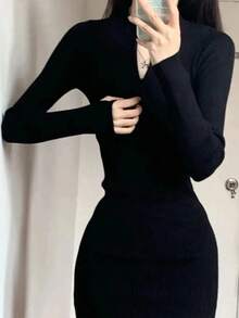De manga larga vestido de abajo las mujeres dentro de la primavera, otoño e invierno nuevo sexy picante pequeño Slim zip paquete cadera falda corta vestidos elegantes para dama - Negro - Ver 4