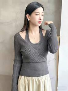 blusas elegantes dama Moda otoño e invierno nuevo temperamento francés elegante cuello colgante diseño sentido falso dos piezas de punto de manga larga - Gris - Ver 4