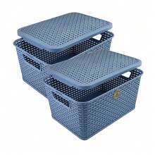 Pack 2 Canastas Con Tapa Estilo Rattan Multiusos - Azul - Ver 3