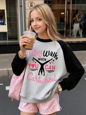 女童休闲卫衣，黑色和灰色相间，字母印花和倒置人像图案，圆领长袖；适合秋冬季节穿着。/适合年轻女孩/少女/青少年女孩