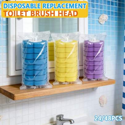 FOBIANJIE Toilet Wand Refills - Disposable Toilet Brush Replacement Heads, 24/48 Pcs Transparent Bag Packaging Three Colors Pack For Household Bathroom Compatible Heads, Washroom Mats Brush System, Refill Pads Bathroom Accessories Bathroom Tools