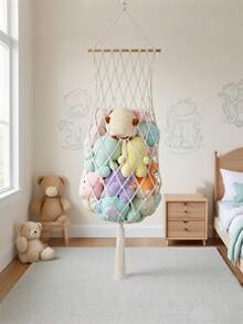 OBOVAY 1件超大号编织竖式毛绒娃娃吊床 - 白色毛绒娃娃收纳架，搭配彩色毛绒玩具，波西米亚风格婴儿房装饰，可悬挂在墙上或天花板上，是绝佳的礼物，也适合婴儿房、卧室、儿童房装饰，设计生动，质地柔软。 - 彩色 - 查看 1