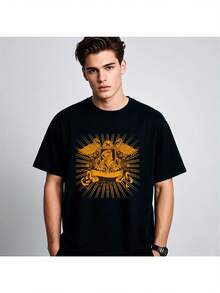 Camiseta gráfica negra para hombres con estampado geométrico dorado - Retro de ajuste holgado, manga corta, ropa casual de calle, camiseta de verano. Lavable aáquina. Camisa de diseño vintage. Tela transpirable. Estilo urbano. Camiseta Ligera. Camiseta estampada. Ropa para adultos - Negro - Ver 7