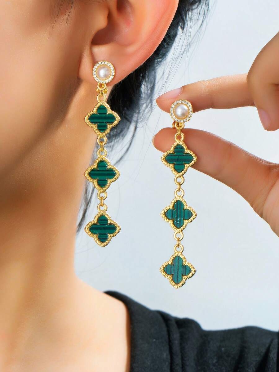 1 Pair Faux Pearl & Clover Clip-On Earrings, Elegant & Versatile Fashion Accessory, Ideal Gift For Valentine's Day, New Year, Banquet, Wedding And Other Occasions - Green - View 1