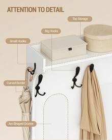 HEXCELEN Coat Rack With Shoe Bench, Wardrobe With Mirror, Shoe Storage, 10 Hooks, Adjustable Shelves, Freestanding, For Entrance Area, Hallway, 35.5 X 100 X 185 Cm, White - White - View 6