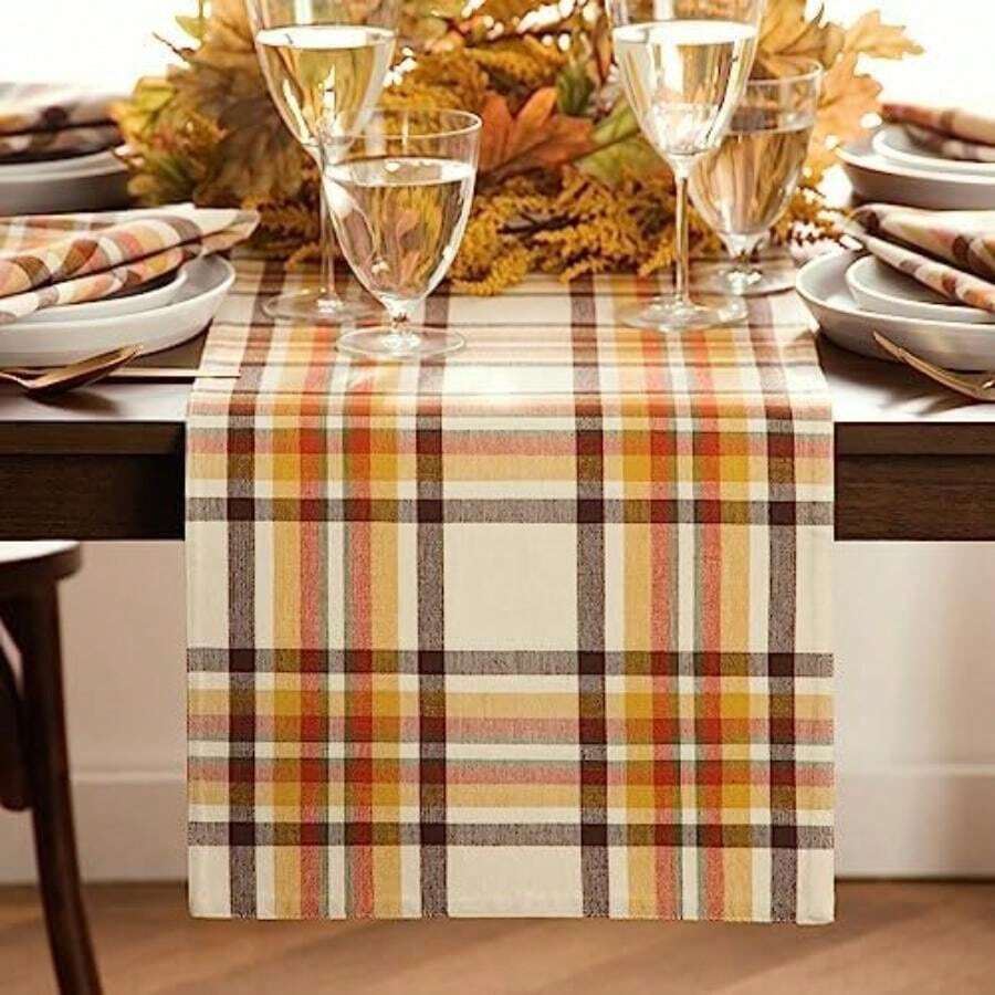 Home Fashions Russet - Mantel de algodón Tela a Cuadros para otoño/Acción de Gracias, Rectangular de 60 x 102 Pulgadas(13"x70" multi) - Multicolor - Ver 1