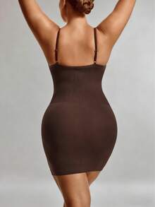 1pc Women's Plus Size High Waist Slimming Bodycon Dress (Spaghetti Strap Design), Size S-3XL, Specially Designed For Curvy Figures, Natural Lift And Tummy Control, Comfortable Stretchy Knit Fabric, Suitable For Everyday And Special Occasions, Flattering Silhouette, Highlighting Curves, All-Day Comfort And Fit, An Ideal Choice For Plus Size Women Seeking Confident And Stylish Look. - Brown - View 3
