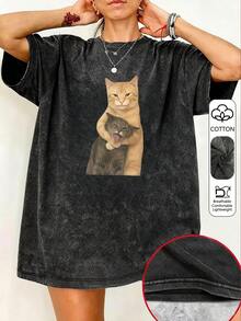 Funny Cat Print Short Sleeve T-Shirt, Cute Personalized Small Batch Design Top, Plus Size Women's T-Shirt, Washed Cotton T-Shirt, Plus Size Casual Daily Wear, Snowflake Pattern Fabric, Plus Size Comfortable Round Neck Casual Top, Vintage Distressed T-Shirt, Plus Size Women's Clothing, Spring/Summer Apparel