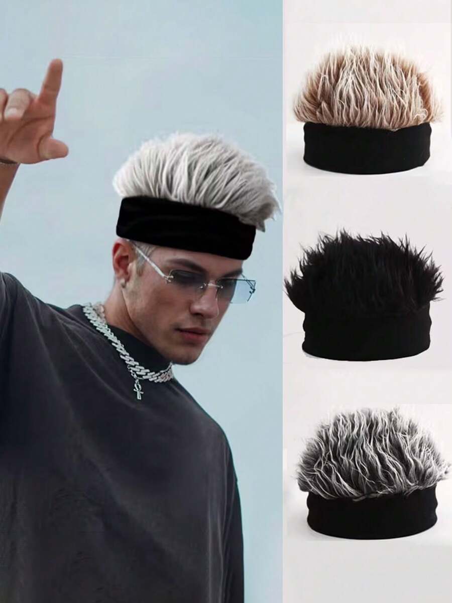 1个男女通用尖刺/纹理合成假发帽 - 耐热针织设计，逼真面部毛发，中性服装配饰，适用于主题活动、日常穿着和对温度敏感的造型（免维护） - 舒适的针织冬季帽，配有可拆卸合成毛发，用途广泛，适合所有浅米色调、嘻哈和哥特风格，男女皆宜，舒适耐用 - 彩色 - 查看 1