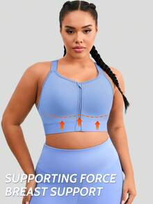 1pc Women Plus Size Front Zip Sports Bra, Lift And Adjust Sagging Bust, Casual Wear Camisole - Blue - View 4