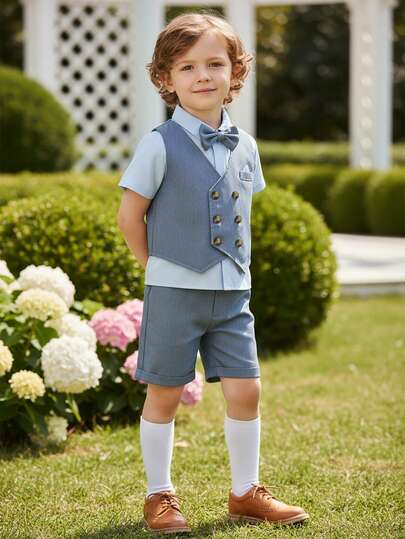 BOARNSEORL 2pcs Young Boys Gentleman Outfit - Short Sleeve Shirt With Bow Tie And Casual Shorts, Stylish For Birthday Party, Wedding, Formal Occasions