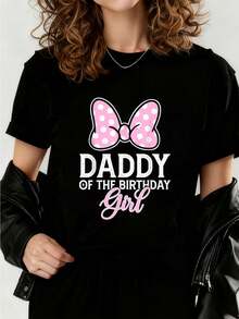 Camiseta de papá de la niña de cumpleaños con lindo lazo rosa, camisetas impresas para mujeres 2026, camisetas de primavera para mujeres, camisetas de invierno, camisetas de para mujeresás vendidas - Negro - Ver 8