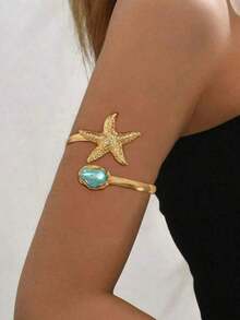 1pc Women's Fashionable New Starfish Bangle Open Baroque Pearl Style Bracelet, Suitable For Beach, Party, Wedding, Holiday, Music Festival, Gift - 臂章 - 查看 1