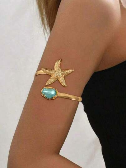 1pc Women's Fashionable New Starfish Bangle Open Baroque Pearl Style Bracelet, Suitable For Beach, Party, Wedding, Holiday, Music Festival, Gift