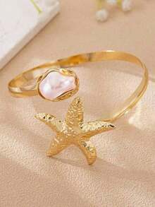 1pc Women's Fashionable New Starfish Bangle Open Baroque Pearl Style Bracelet, Suitable For Beach, Party, Wedding, Holiday, Music Festival, Gift - 臂章 - 查看 3