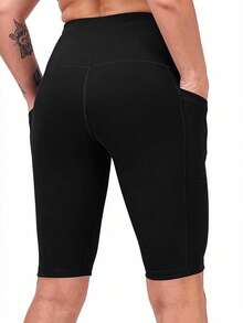 Plus Size Women High Waist Yoga Shorts With Pockets, Butt Lifting Sports Shorts For Gym Workout Running Black Summer - Black - View 3