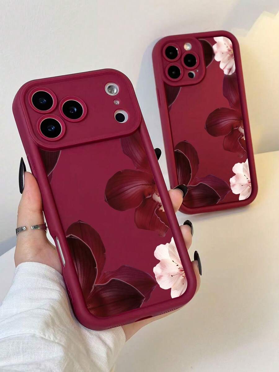 1pc Minimalist Red Floral & Pink Sakura Pattern Red TPU Material Phone Case Compatible With IPhone 17/17promax/17pro/Air/13/16E/16promax/16/15/14/12promax/13promax/11pro/14pro/15pro/12, Fashionable Protective Cover, Luxury Unisex Phone Case Compatible With Galaxy S24 Ultra/S23FE/S22/S21/S20/A52S/A15/A03 - Multicolor - View 1