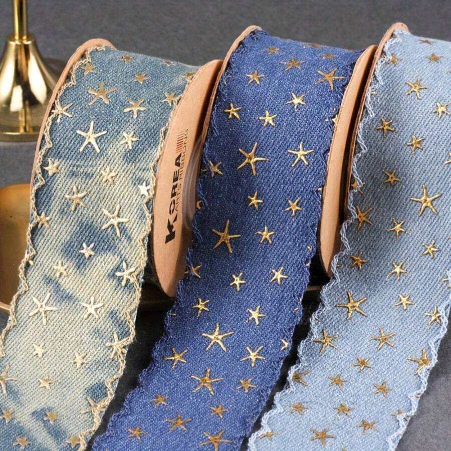 1/5yards Wide, 4cm Wide, Vintage Denim Ribbon With Embossed Star Pattern, Blue Denim Lace Trim, Decorated With Gold Stars, DIY Craft Ribbon, Suitable For Making Bows, Bag Decorations, Home Decor Accessories, Gift Packaging And Valentine's Day Decorations - Multicolor - View 1