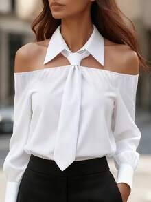 Blusa de manga larga, cuello con lazo, hombros descubiertos, elegante y minimalista, de uso versátil, en color blanco, para primavera/verano - Blanco - Ver 1