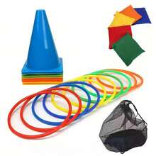 一套创意冰淇淋甜筒玩具套装，包含圆形投掷玩具：感官运动训练、彩色标牌桶 - 户外游戏、甜筒投掷互动游戏（颜色随机）